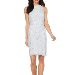 Adrianna Papell Ivory Beaded Halter Midi Dress Size 2 Wedding Guest Formal Gown